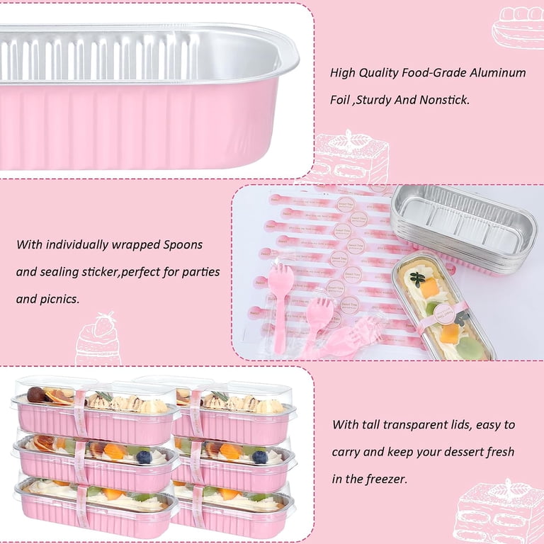 Chilsoby 100 Pack Mini Cake Pans With Lids - 6.8oz Aluminum Foil Loaf Pans, Includes Spoons & Stickers