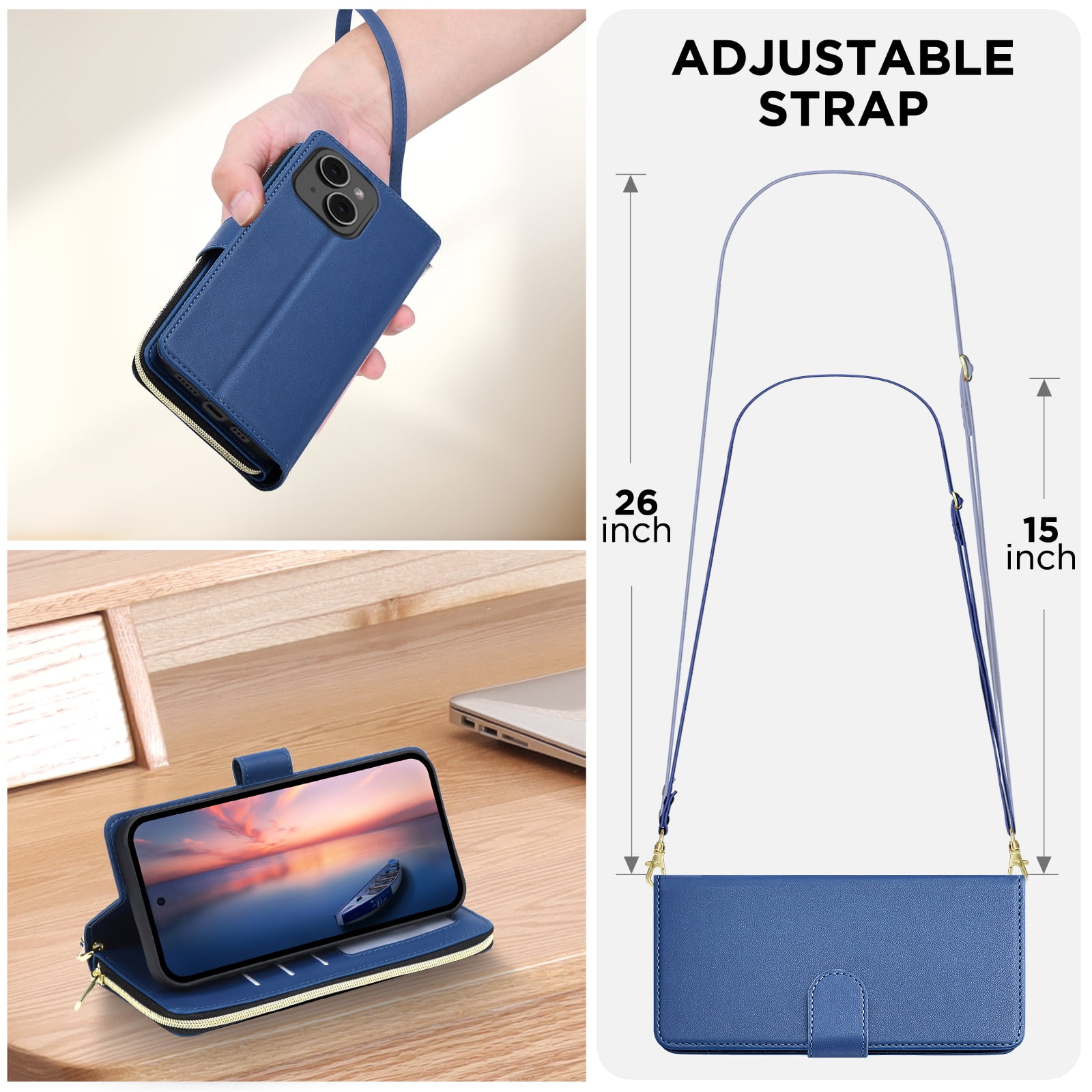for Samsung Galaxy A26 5G Crossbody Wallet Case with 9 Card Holders, Cash Slot, Photo Slot, Zipper Pocket PU Leather Magnetic Snap Wallet Phone Case with Flip Stand & Wrist Strap & Lanyard, Blue