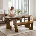 thumbnail image 3 of Guyou 63" Wooden Oval Dining Table with 2 Benches, Farmhouse Dining Table Set for 4-6 People, Mid Century Modern Kitchen Table with Bench, Dinner Table Set for Breakfast Dining Room, Walnut, 3 of 8