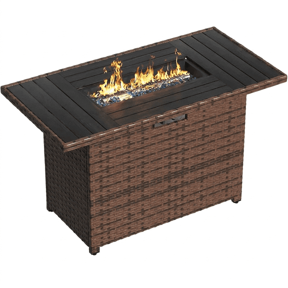 POTEBAN Rattan Propane Gas Fire Table,Outdoor Gas Burning Fire Pit,Outdoor Rattans Wicker-Look Square Fire Table with windscreen for Backyard,Brown