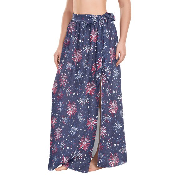 FORMRS Womens Long Sarong Beach Wrap Semi-Sheer Bikini Skirt Bathing Swimsuit Cover Up, Red and Blue Fireworks Pattern