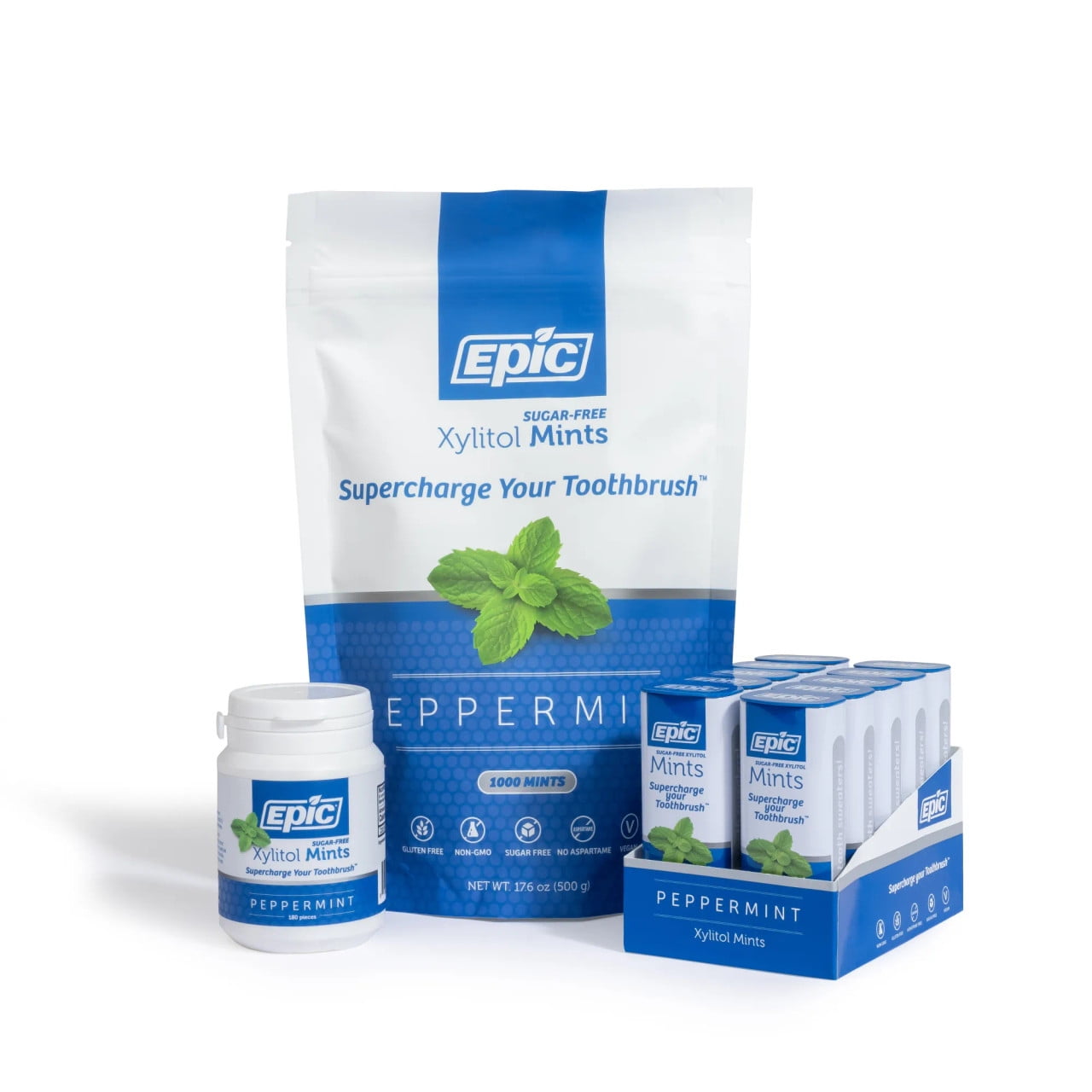 Epic Xylitol Mints - Sugar Free & Aspartame Free Mints Sweetened w/Xylitol for Dry Mouth & Gum Health (Peppermint, 180-Piece Bottle)