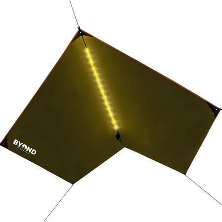 Camping Rain Shelter - BYOND Rain Fly Hammock & Tent Tarp + Unique Velcro LED Strip - Waterproof Camping Travel 11.5 x 10 ft Tarp for Outdoor - Portable and Practical Nature Shelter Extra-Durable - Ripstop Polyester