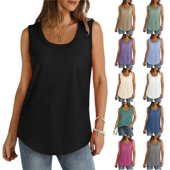 Otntypg Plus Size Tank Tops for Women 2025 Summer Sleeveless Ribbed Trim Scoop Neck Curved Hem Tunic Vest Blouse Loose Oversized Cotton Tshirt Beach Y2k Outfit Clothes Khaki L