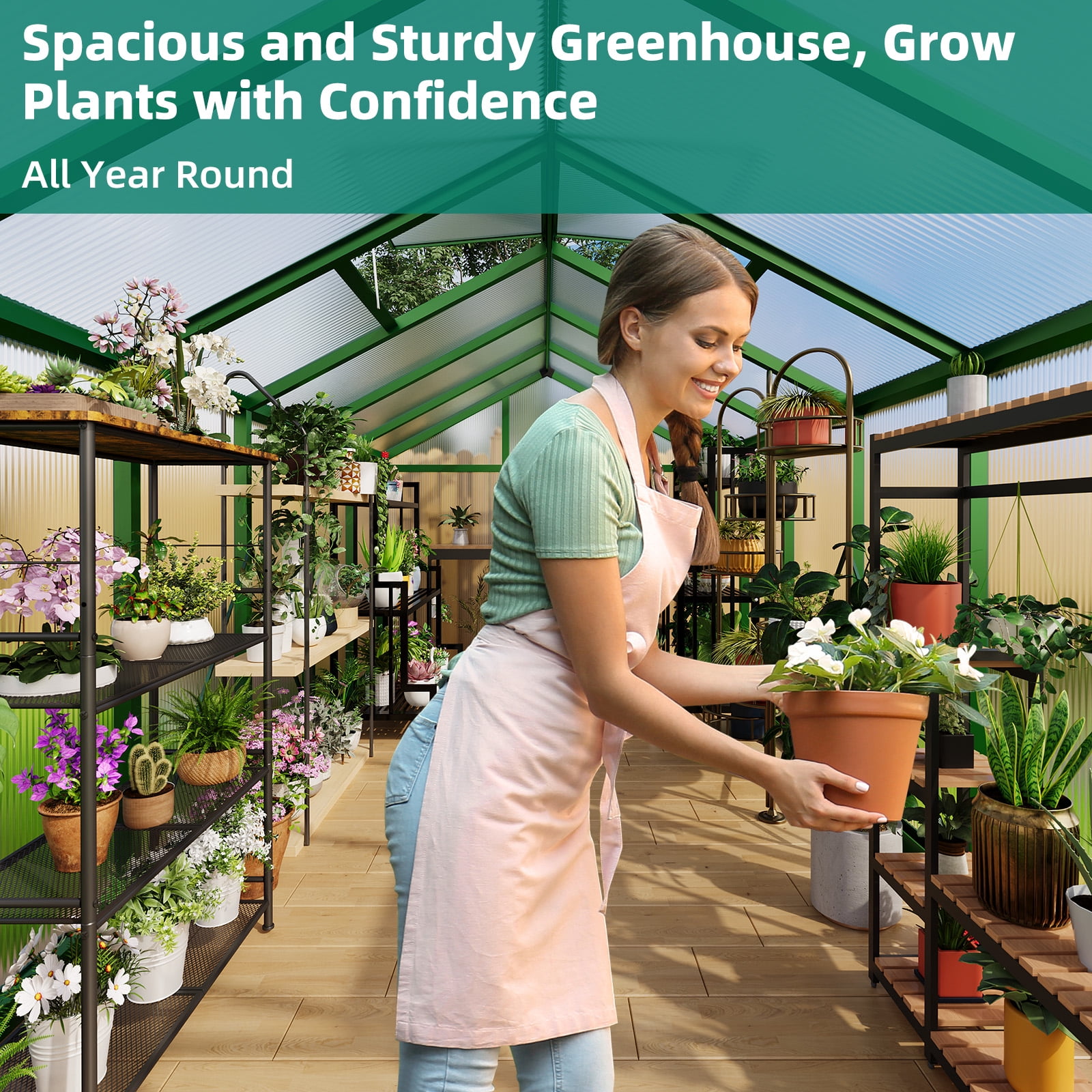 8x12FT Walk-in Green Houses,Large Aluminum Greenhouses for Outdoors,Heavy Duty Polycarbonate Greenhouse with Roof Vent, Greenhouse for Winter Garden,Backyard,Patio,Lawn,Easy Assembly(ship in 2 boxes)