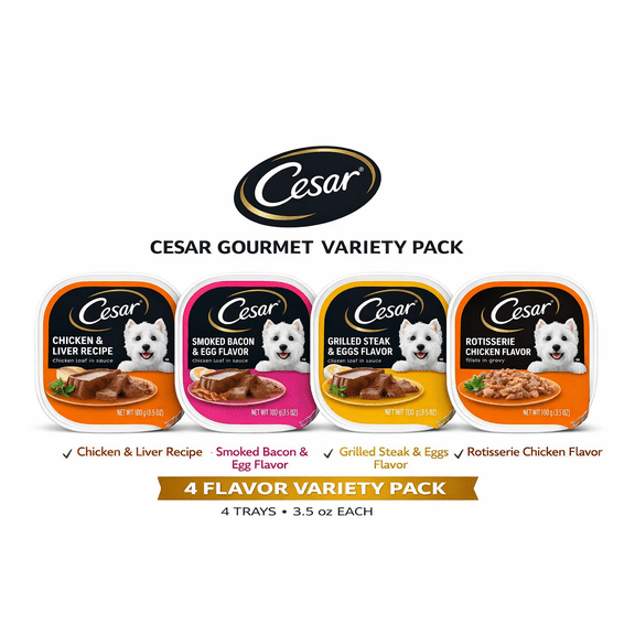 Cesar Fillets In Gravy, Variety Pack, Wet Dog Food, 3.5 Oz Trays, 4 Pack.