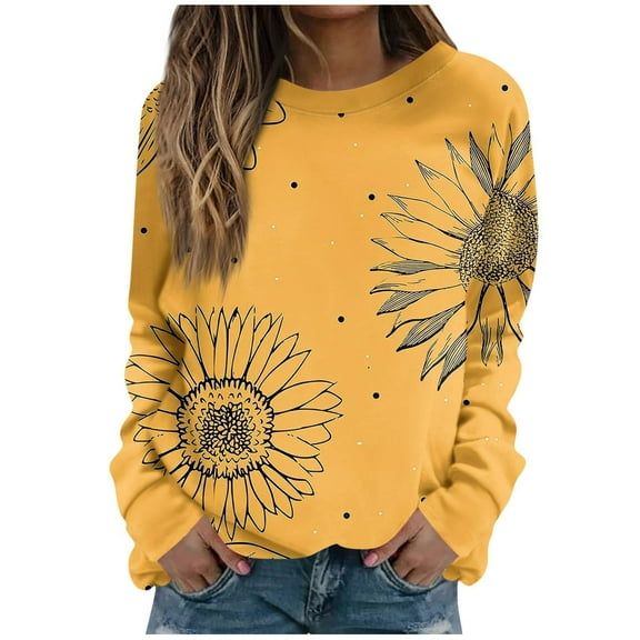 miqiqism Women Floral Printed Sweatshirt Juniors Slim Fit Pullover Hoodless Blouses Teen Girls Long Sleeves Crewneck Sweatshirts Loose Fit Tunic Blouses,Yellow,Small
