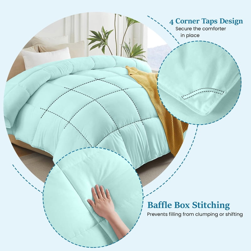 100% Cotton All-Season Comforter - Box Stitched Comforter - Bedding with Corner Tabs Machine Washable Lightweight Color Aqua Blue Solid Pattern Size Oversized King (120"x98")