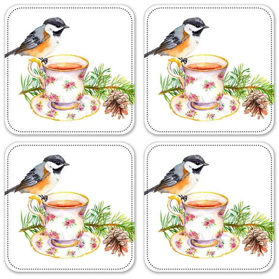 Vinyl Drink Coasters - Set of 4 - Bird At Tea Time