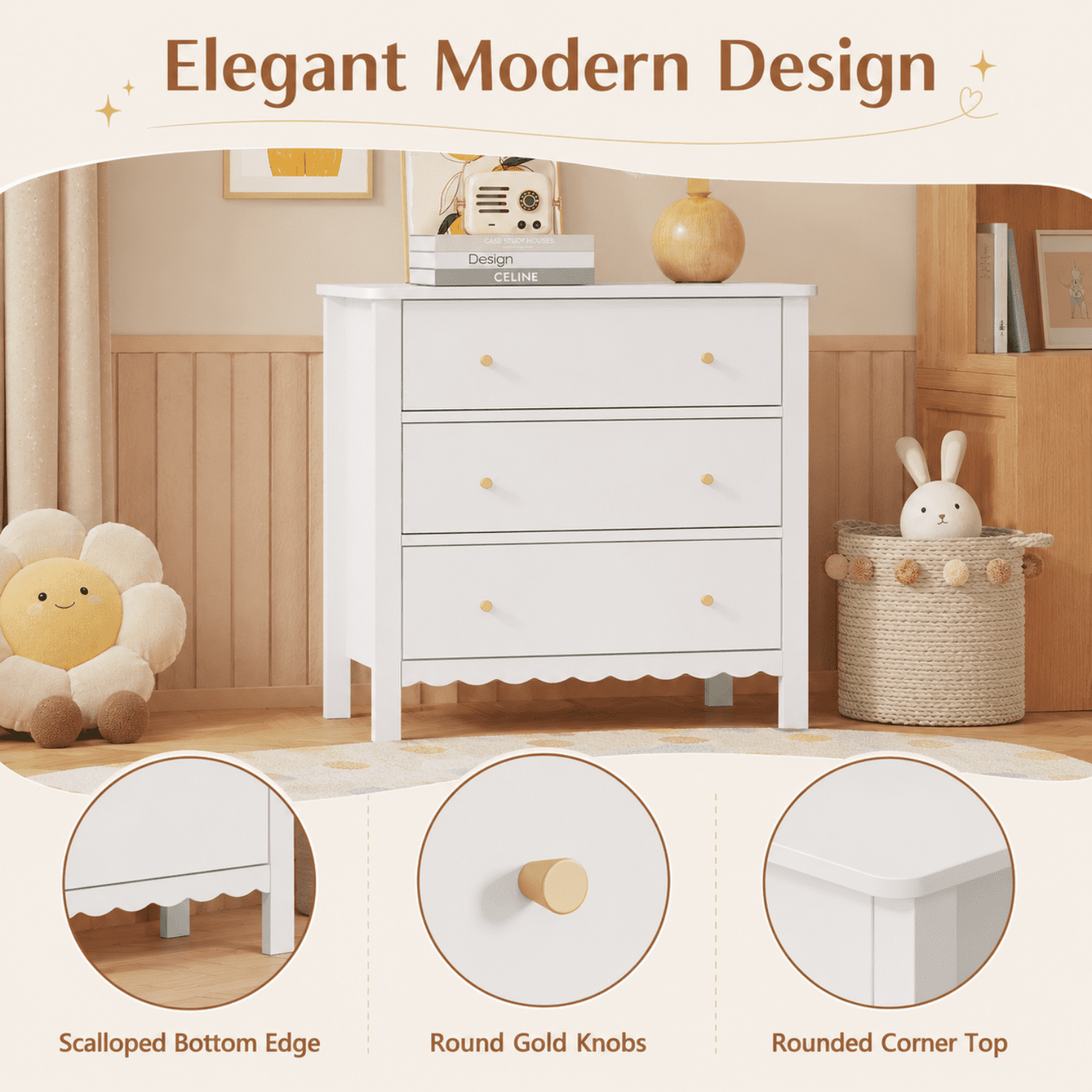 Miniyam Kids 3 Drawer Dresser, White MDF Storage Chest with Gold Knobs for Kids Bedroom, Playroom and Toy Room
