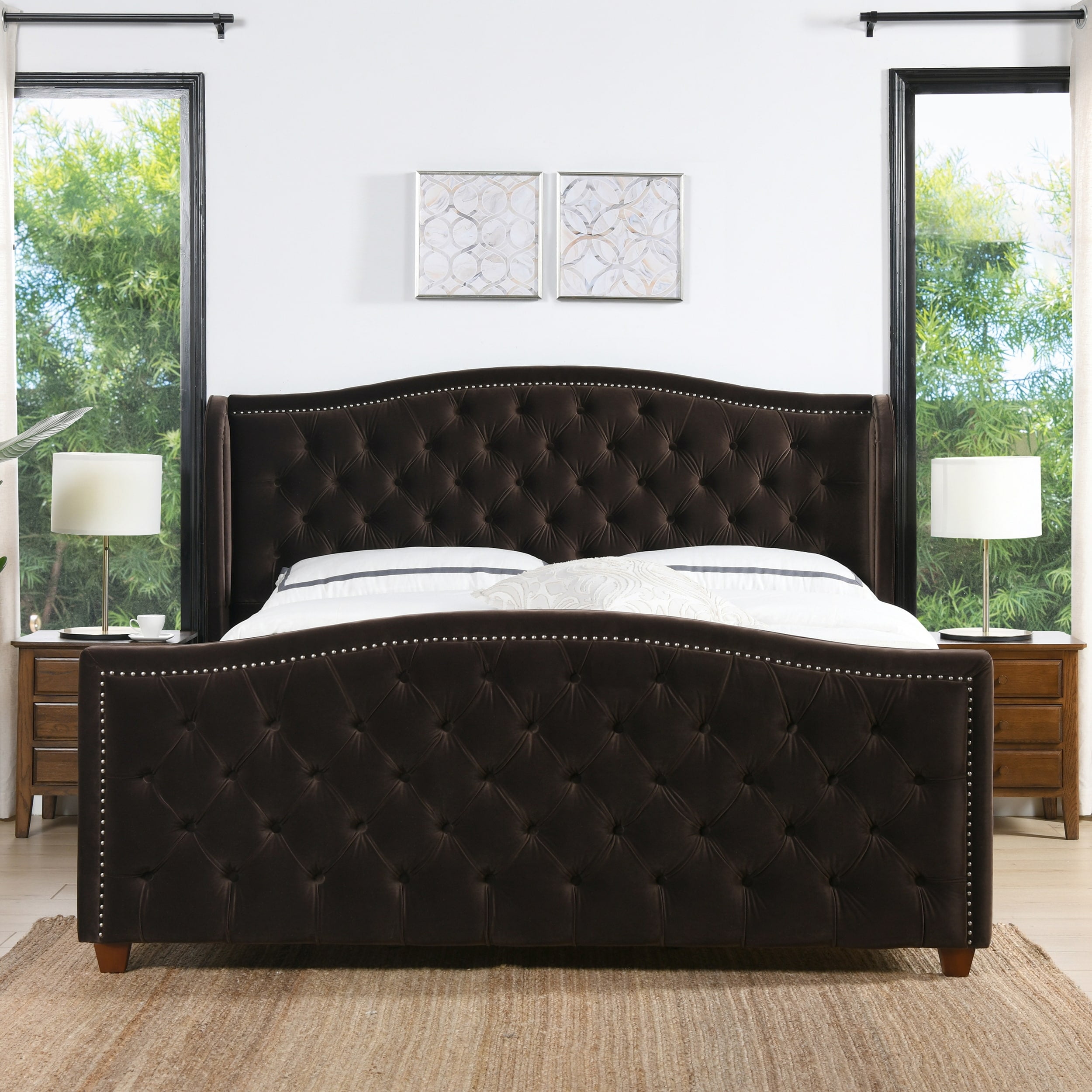 Jennifer Taylor Home Marcella Upholstered Shelter Headboard Panel Bed Set Deep Brown Performance Velvet Upholstered King Transitional, Mid-Century