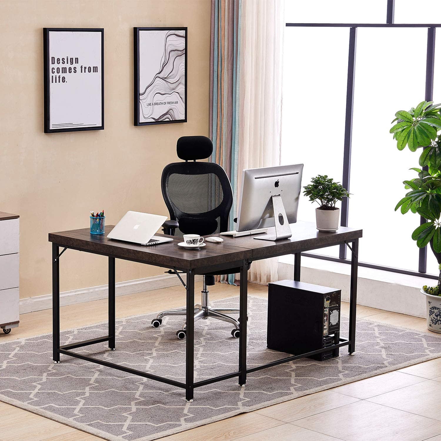 Ivinta Industrial L-Shaped Desk, Thickened 2" Desktop(Brown)