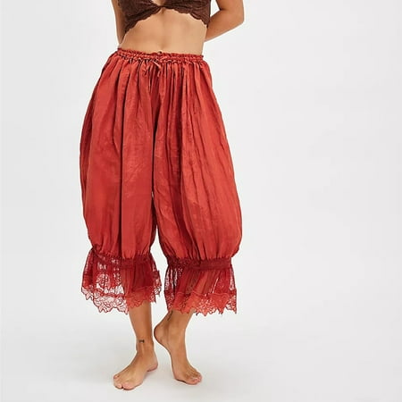 Women Ruffle Hem Capris Lace Trim Pantaloons Lingerie Pants Slips for Under Dress Hollow Lace Lace Home Clothes for Women