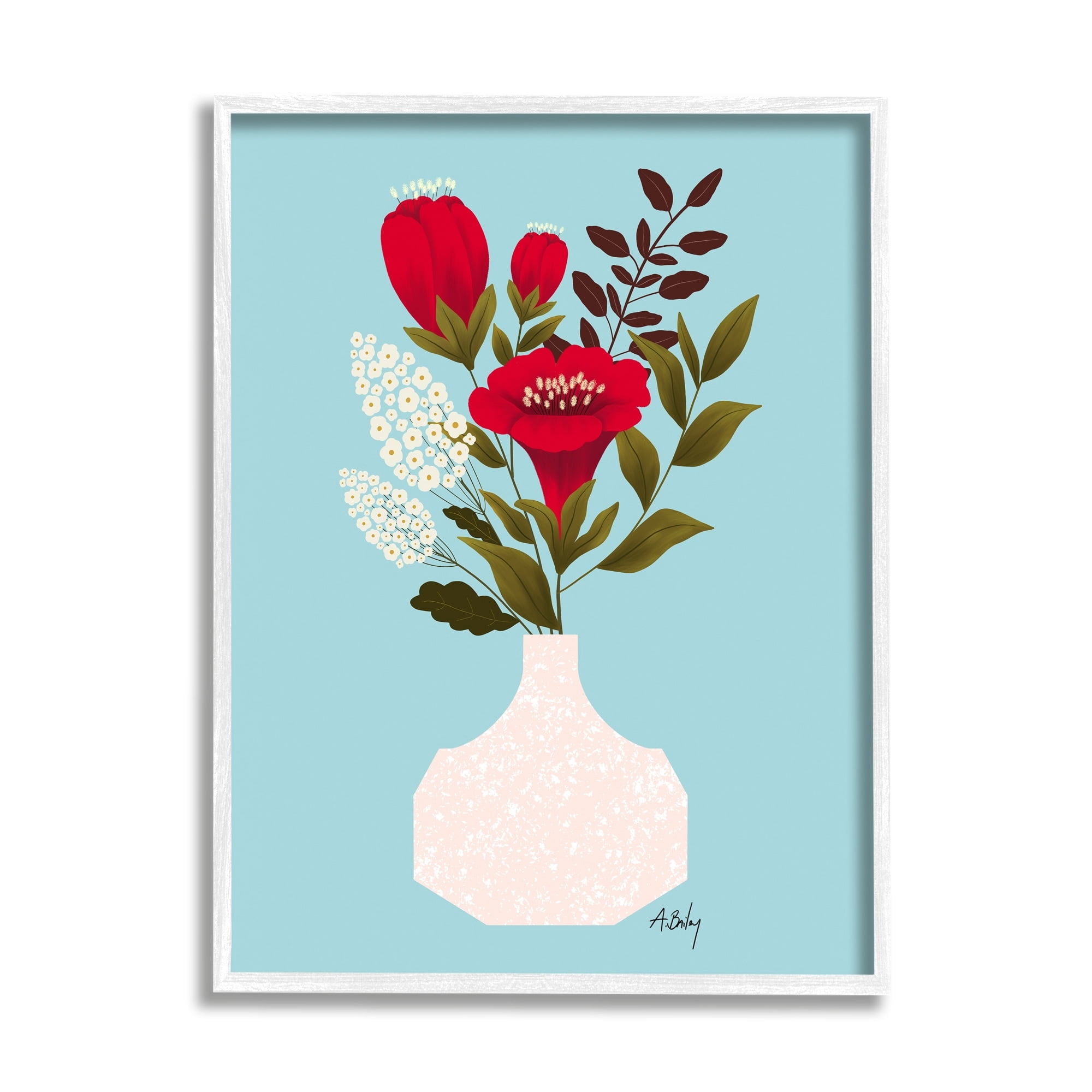 Stupell Industries Bold Red Poppies Blossoms Modern White Pottery,11 x 14, Design by Anne Bailey Art