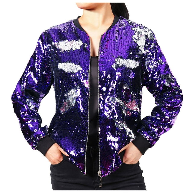 Yuyuzo Veste à Paillettes pour Femme à Manches Longues, Col Rond, Veste Zippée avec Poche, Tenue de Fête/Boîte de Nuit, Manteau