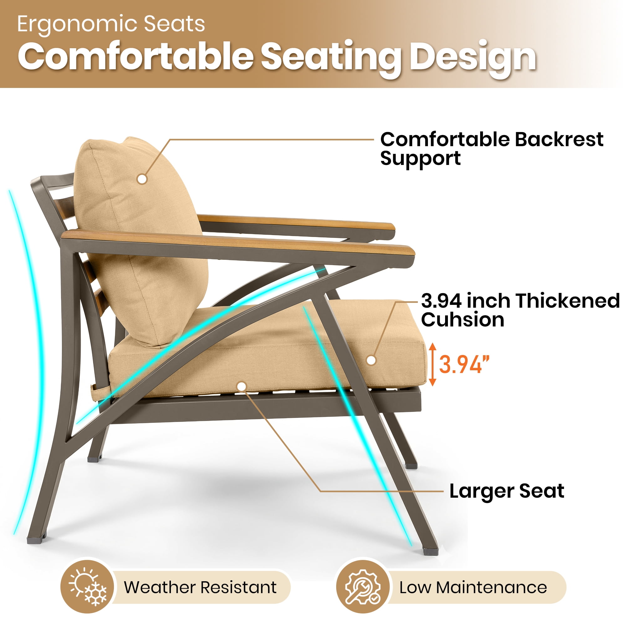 Complete 6-Piece Outdoor Patio Furniture Set with Steel Frame Sofa, 3-Seat Couch, 2 Armchairs, 2 Ottomans and Acacia Wood Coffee Table, Cushions for Backyard Garden, Brown