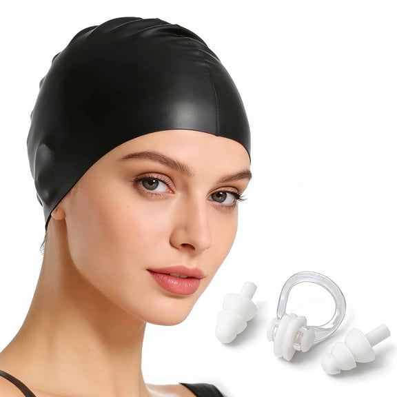 Women’s Black Oversized Swim Cap with Earplugs & Nose Clip – Fits Long, Short, and Curly Hair, Keeps Hair Dry