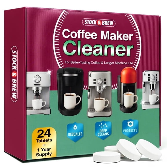 Stock & Brew Coffee Maker Cleaner Tablets 24 Count 1 Year Supply Descaler and Cleaning Tablets for Espresso Drip and Pod Machines Removes Residue and Improves Taste