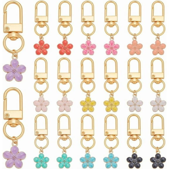 PH 20pcs Flower Keychains 10 Colors Floral Key Chains Cute Enamel Charm Bling Purses Keyrings Handbag Charms with Swivel Clasps for Women Gifts Backpack Car Keys Wallet Bag Accessories for DIY