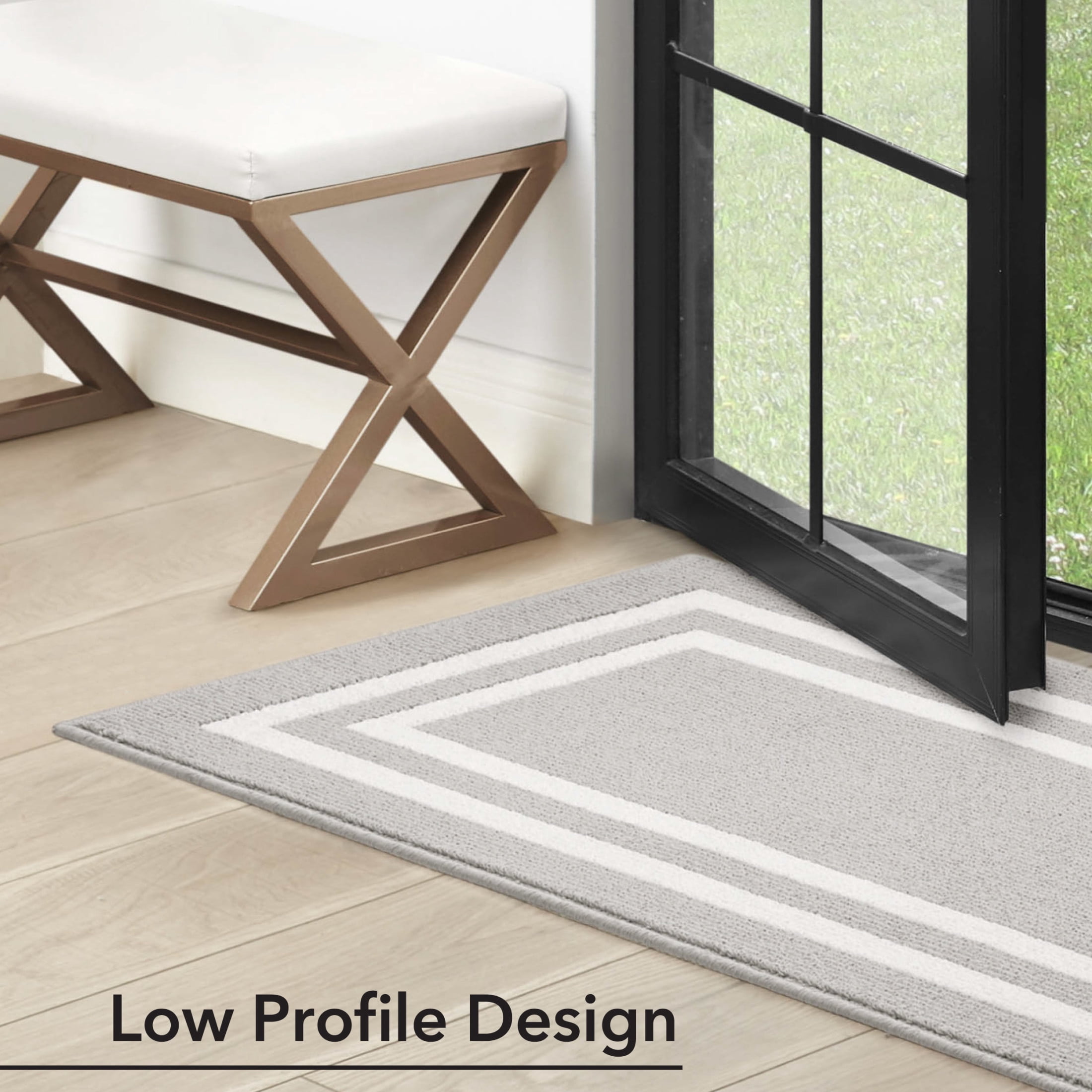Washable Skid-Resistant Runner Rug, Border, Light Grey and White, 26" x 45" and 26" x 60" 2-Piece Set