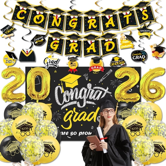 Graduation Decorations 2026 Set include Class of 2026 Backdrop, Congrats Grad Banner, Balloons and Hanging Swirls for 2026 Balloons Graduation Party Supplies