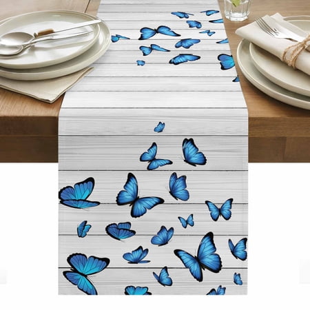 Blue Butterfly Cotton Linen Table Runner Retro Farmhouse Vintage Wood Grain Dining Table Runners for Home Decor Party Dining Room Restaurant Kitchen Party 13 x 90