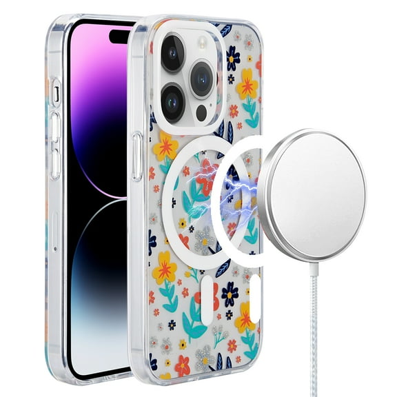 For iPhone 14 PRO MAX 6.7" METKASE Double Protection IMD Design Pattern [Magnetic Circle] Premium Case - Colorful Floral