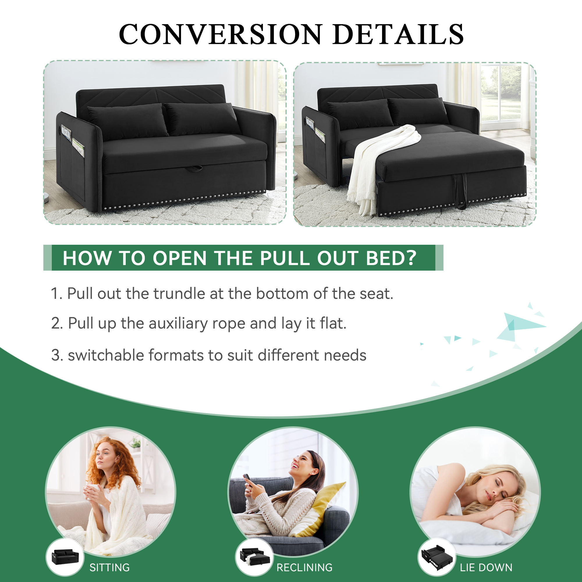 Dinosisco Convertible Sleeper Loveseat with USB, 55" Velvet Futon Sofa Bed, Black