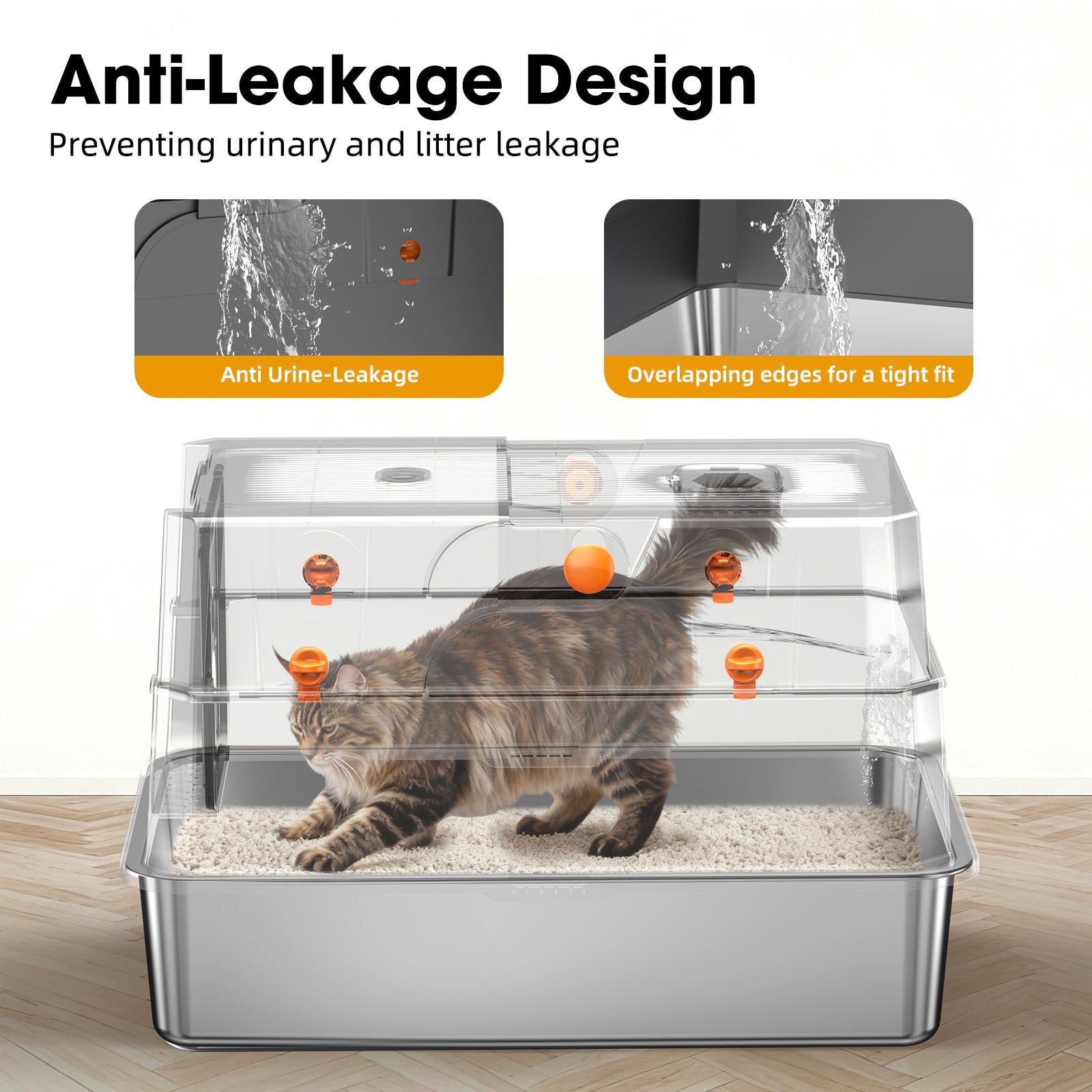 CQSXDA High-Sided Odor-Resistant Cat Litter Box Made of Stainless Steel with Litter Scoop for Tidy Homes