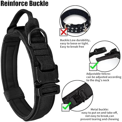 Tactical Dog Collar - Military Dog Collar, Adjustable Heavy Duty Metal Buckle Nylon Collar with Control Handle for Small Medium Large Dogs (Black, M)