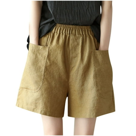 MIUOWANP Women s Summer Casual Loose Solid Cotton Hemp Pants Lace up Elastic Waist Wide Leg Pants Multi Pocket Straight Shorts for Women Trendy Summer Elastic Waist