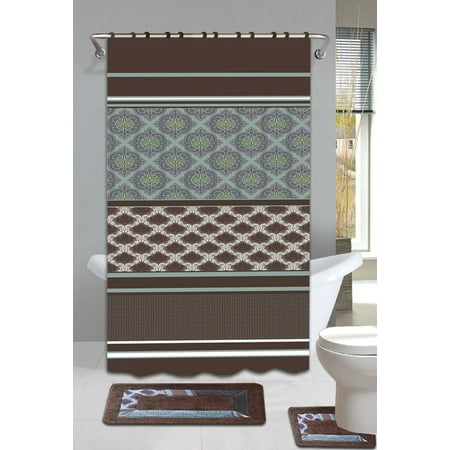 Olivia Brown & Blue Circle 15-Piece Bathroom Accessory Set: 2 Bath Mats, Shower Curtain & 12 Fabric Covered