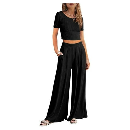 

Remikst Women’s Solid Color Lounge Set Long Sleeve Outfits Sets Ribbed Crop Top Palazzo PantsLoose Sweatsuit Knit 2 Piece Pajamas
