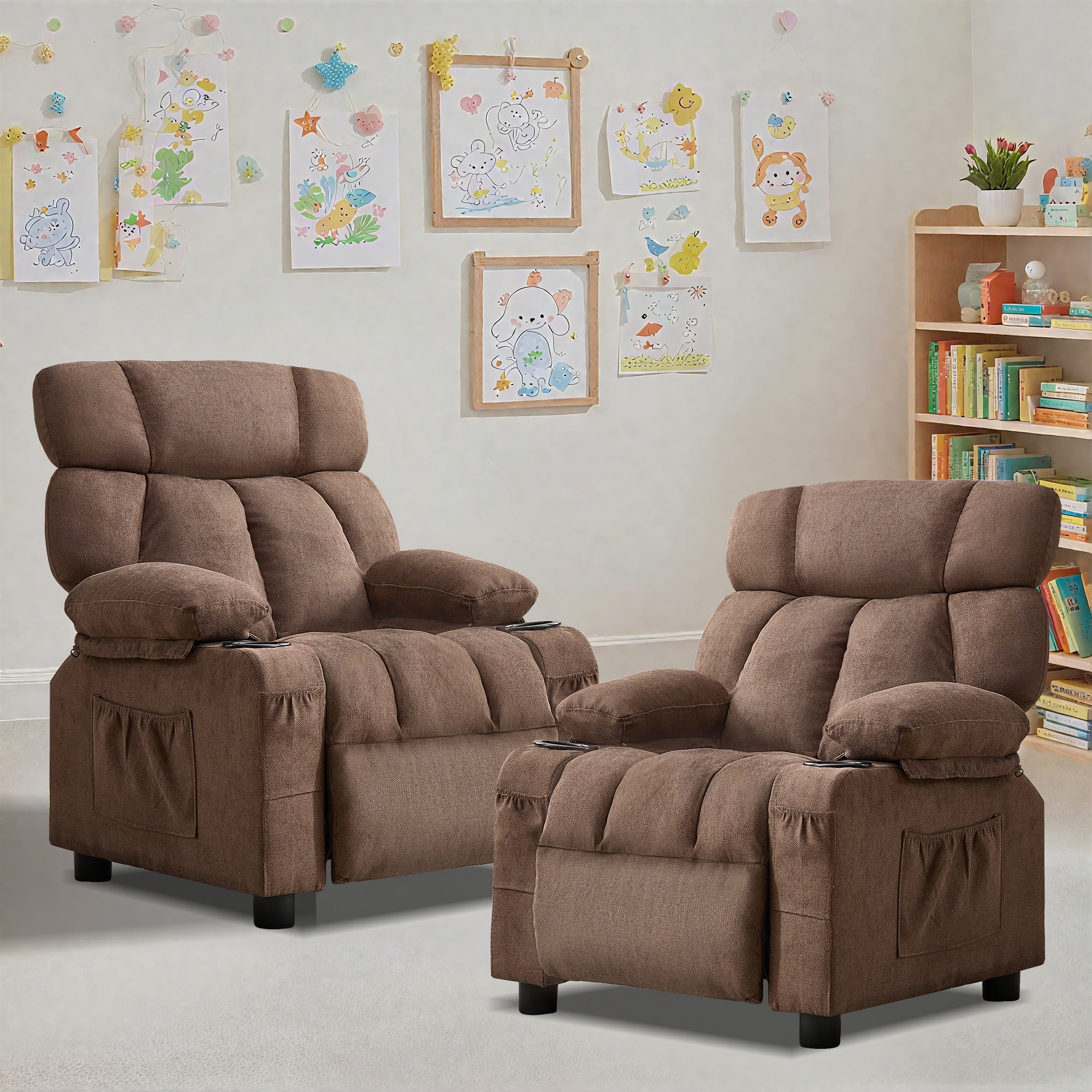 JONPONY Kids Recliner Chair,Push Back Toddler Recliner with Cup Holders & Side Pockets,Adjustable Footrest & Headrest Kids Sofa for Boys Girls 3+ Age Group, Brown