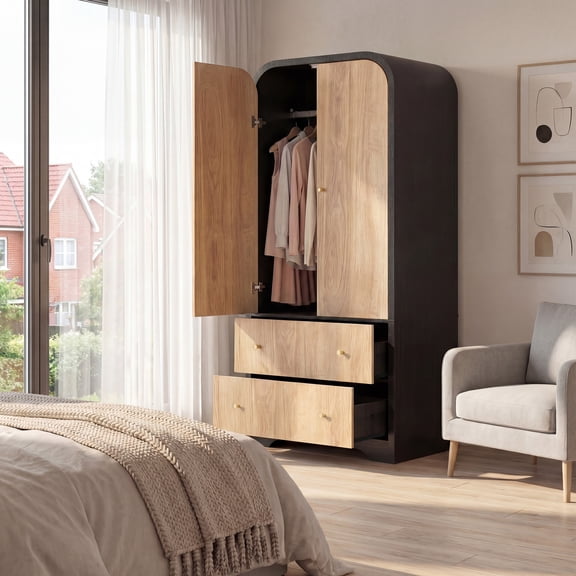 YDN Modern Arched Wardrobe Closet - 70" Wardrobe Closet Armoire with 2 Doors & Hanging Rod, Wooden Armoire Wardrobe Closet with Drawers Tall Armoires Storage Organizers for Bedroom,Elegant Finish