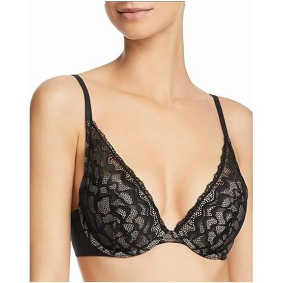 Calvin Klein Women's Perfectly Fit Etched Lace Lightly Lined Plunge Bra, Black 34A
