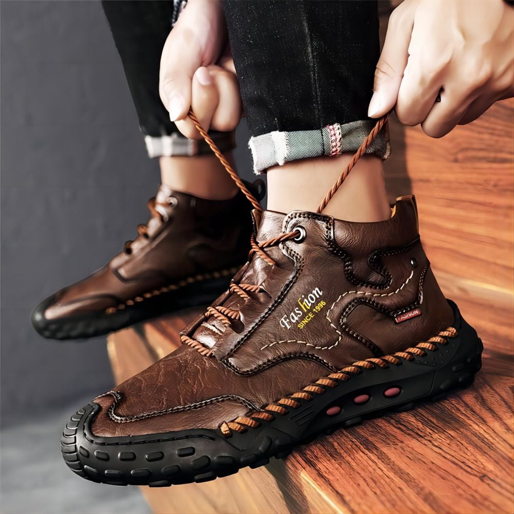 Men's Outdoor Leather Boots Casual Warmth For Hiking Lightweight Comfort Thicken Lace-up Mid-Top Ankle Shoes Brown 11.5 US
