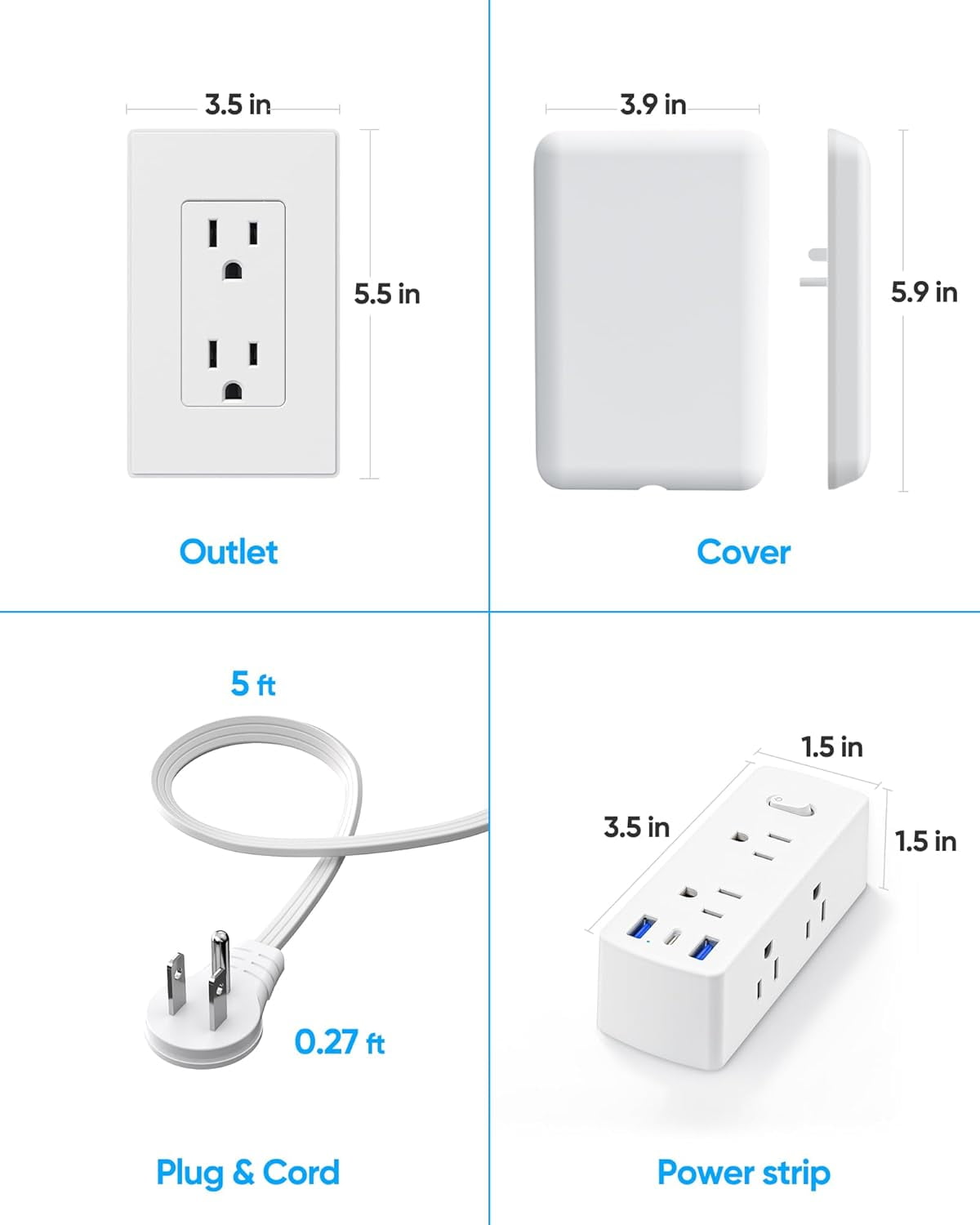 Flat Extension Cord with Outlet Cover, Flat Plug Power Strip with 6 Outlets and 3 USB Ports, 2000 Joules Surge Protector, 10 FT Cord Hidden Outlet Extender for Tight Spaces