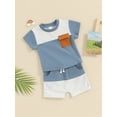 thumbnail image 4 of Yunliwuli Toddler Boy Summer Clothes Contrast Color Short Sleeve Pocket T-Shirt with Elastic Waist Shorts 2Pcs Outfit, 4 of 10