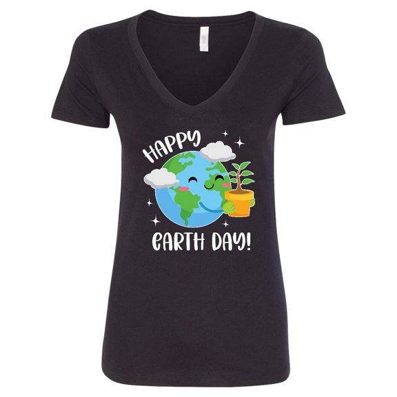 Inktastic Happy Earth Day Cute Smiling Planet Earth with Tree Women's V-Neck T-Shirt