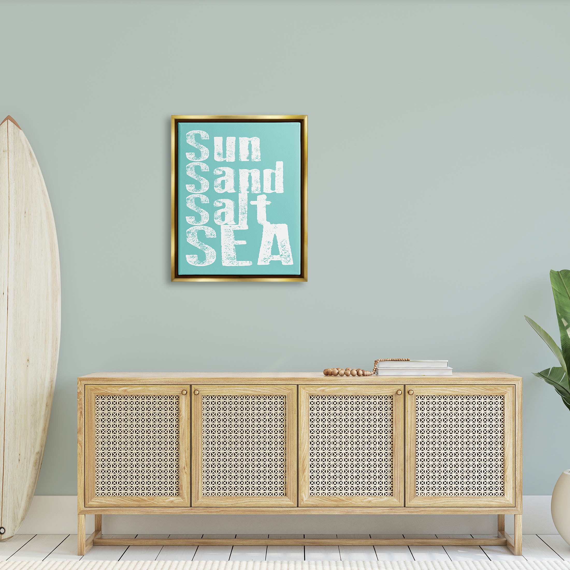 Stupell Industries Sun Sand Salt Sea Phrase Graphic Art Metallic Gold Floating Framed Canvas Print Wall Art, Design by Alli Rogosich