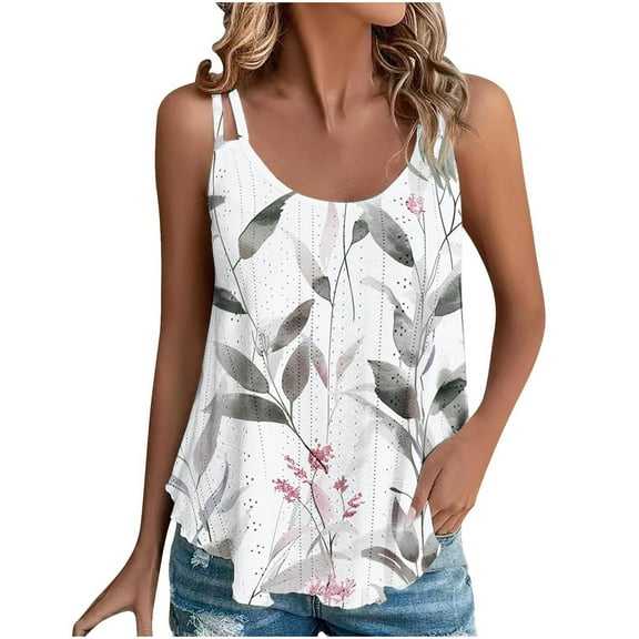 Lindreshi Tank Tops for Women 2024 Loose Fit 2024 Women's Spring and Summer New Tank Eyelet Embroidery Scoop Neck Fashion Print Casual Fashion Top Blouse