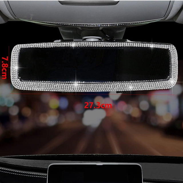 HLONK 360° Rotatable Rearview Mirror Blue Interior Rear View Mirror Anti Glare Rear View Mirror for Car Truck with Crystal Diamonds for Women Car Interior Trim