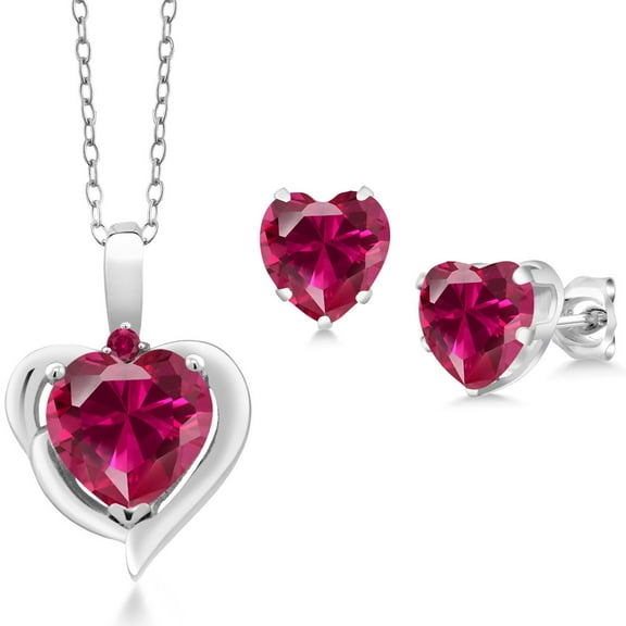 Gem Stone King 925 Sterling Silver Red Created Ruby Pendant Necklace Earrings Set for Women (3.64 Cttw, Heart Shape 8MM and 6MM, with 18 inch Chain)