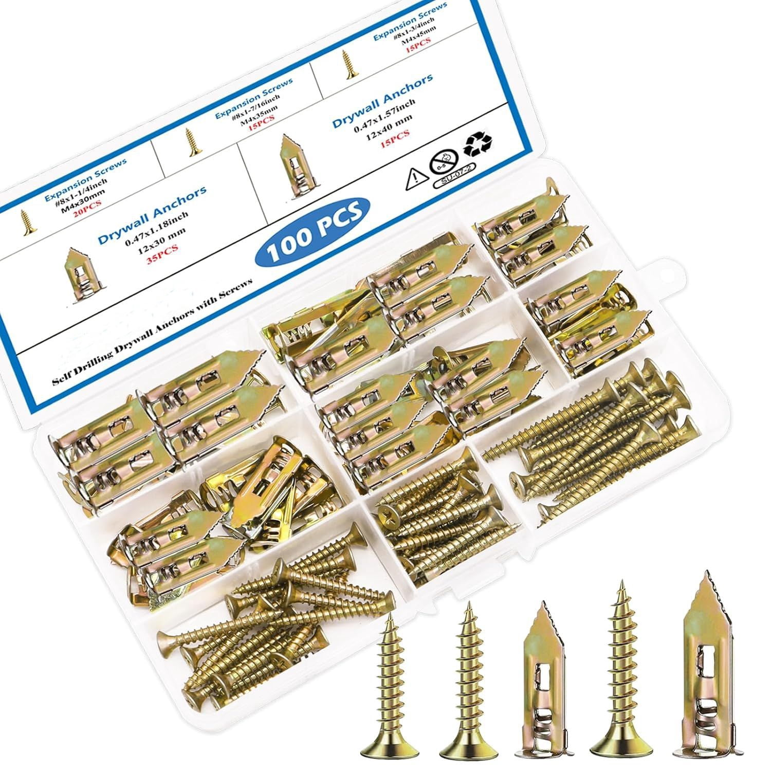 Drywall Expansion Anchors + High Strength Zinc Screws Kit (Pack of 100), Self Drilling Drywall Anchor, Quick-Install Wall Anchor Kits