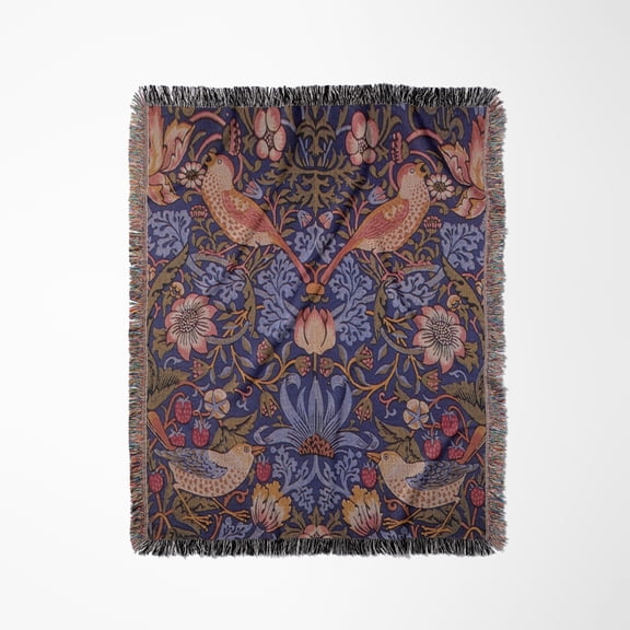Image Of William Morris Strawberry Thief With Birds , Woven Blanket