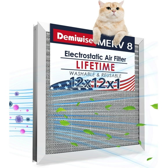 Demiwise 12x12x1 Electrostatic Air Filter, 8 Stage Washable Aluminum AC/HVAC Furnace Filter, Reusable Permanent Air Filter, Lasts a Lifetime, Easy to Install, Healthier H