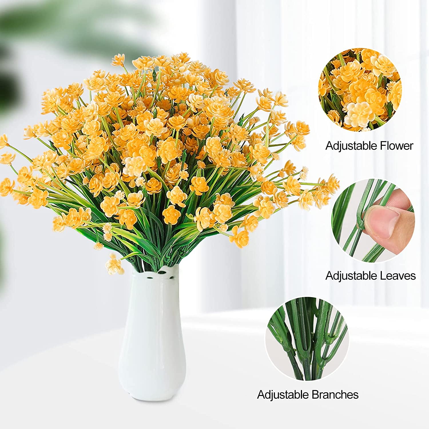 Morttic Artificial Flowers for Outdoors Plastic UV Resistant Faux Flowers Decoration Greenery Garden Shrubs，Bulk Fake Flowers in Vase (Yellow 4pcs)