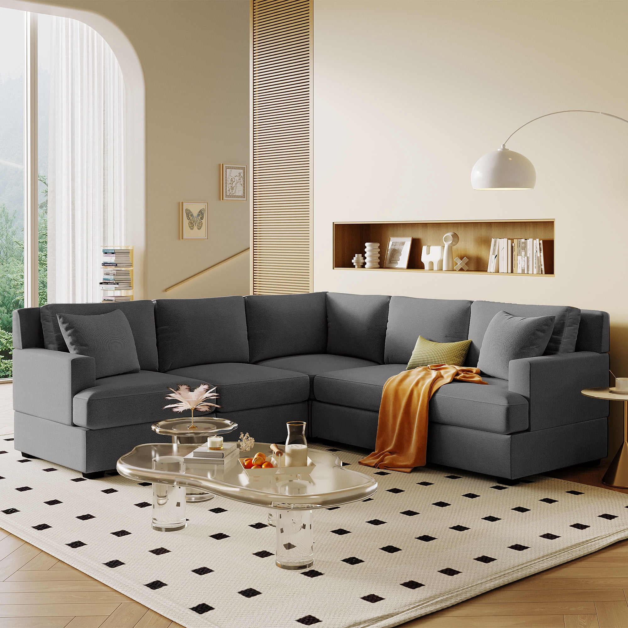 L shape 5pcs gray living sofa