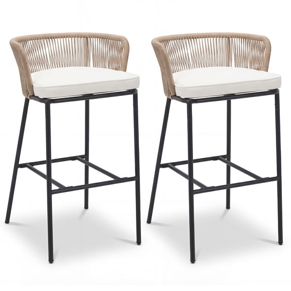 Gymax Outdoor Bar Stools Set of 2 w/Cushions & Backrests for Balcony Garden Poolside